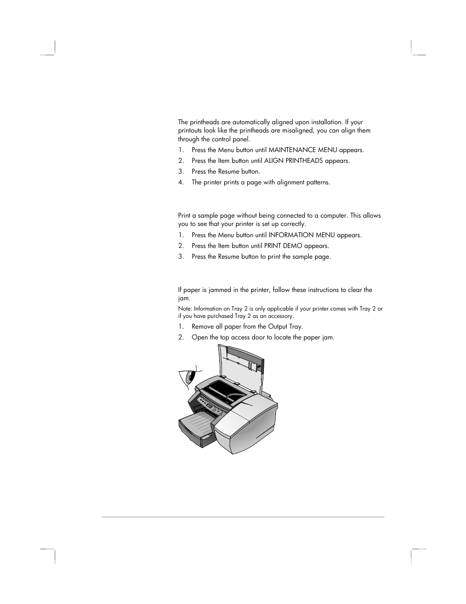 Aligning the printheads, Paper is jammed in the printer, Printing a sample page | HP 2250 User Manual | Page 48 / 81