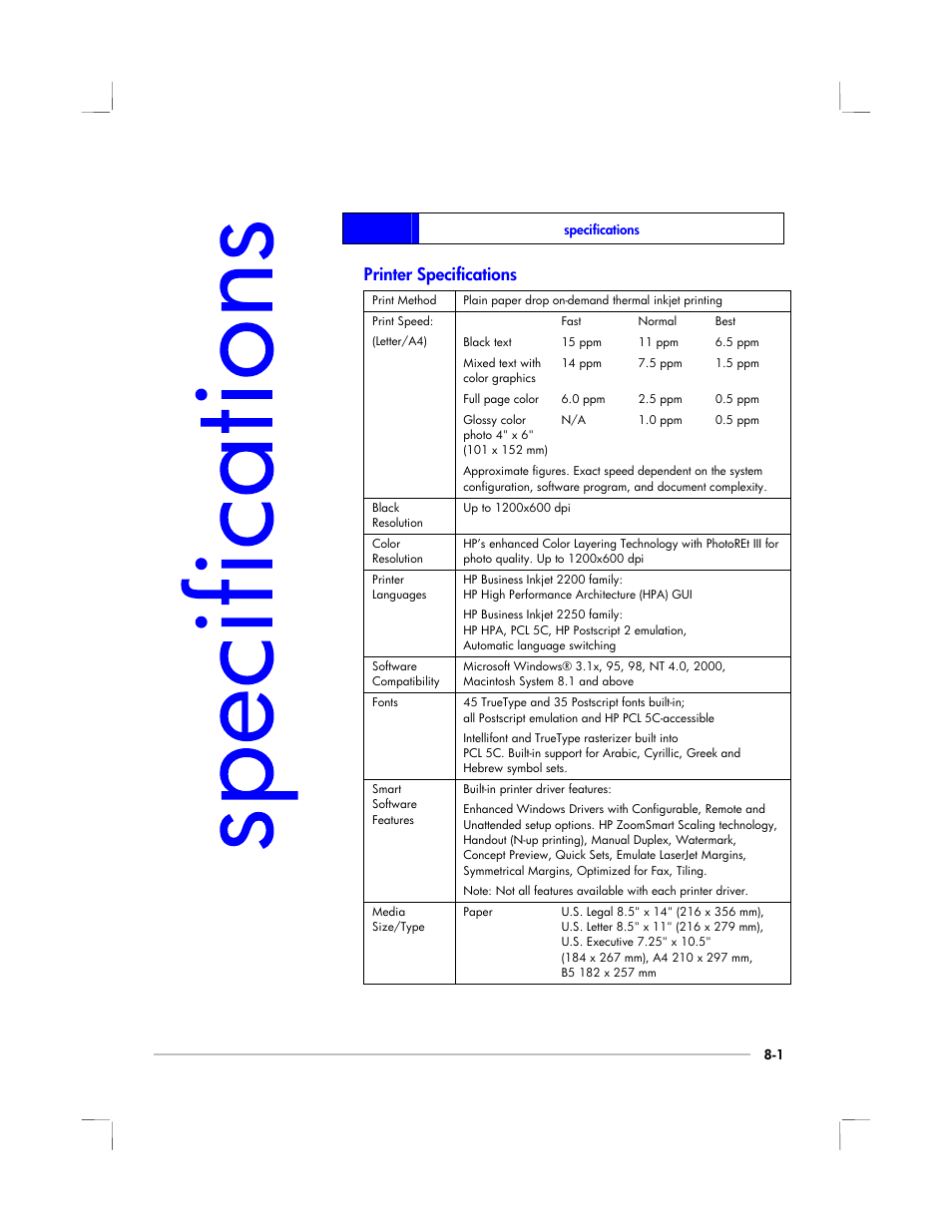 Specifications, Printer specifications | HP 2250 User Manual | Page 59 / 81