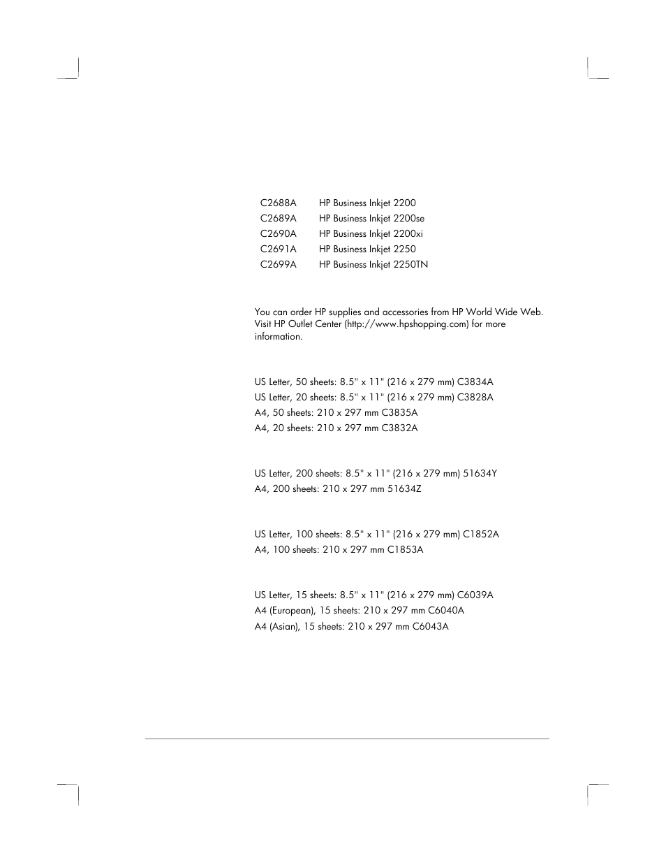 Ordering information, Hp supplies and accessories, Hp premium transparency film | Hp premium inkjet paper, Hp premium inkjet heavyweight paper, Hp premium photo paper | HP 2250 User Manual | Page 62 / 81