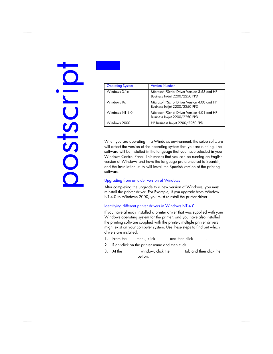 Postscript printing, Installation notes, Postscri pt | HP 2250 User Manual | Page 71 / 81