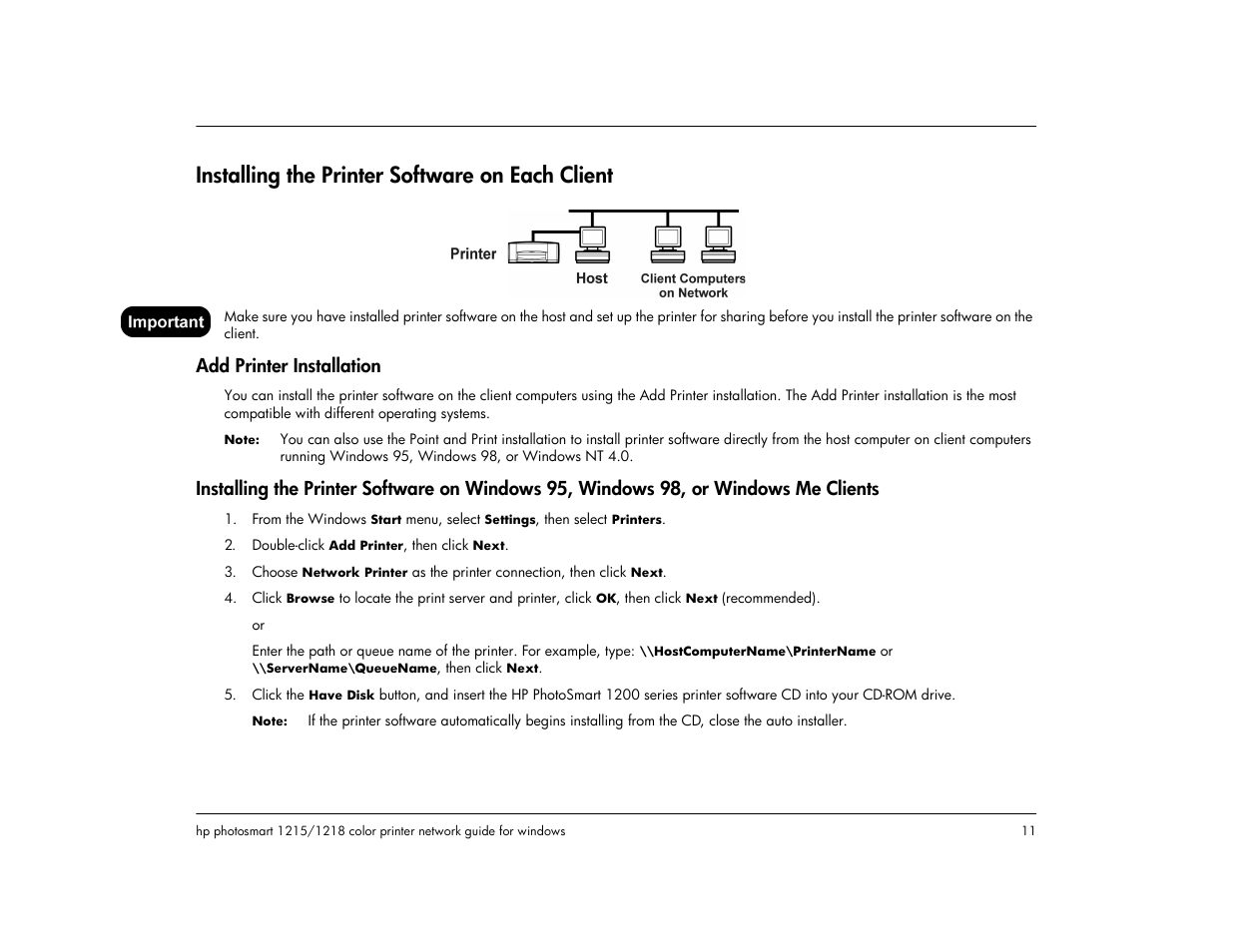 Installing the printer software on each client, E 11, Add printer installation | HP 1218 User Manual | Page 13 / 23