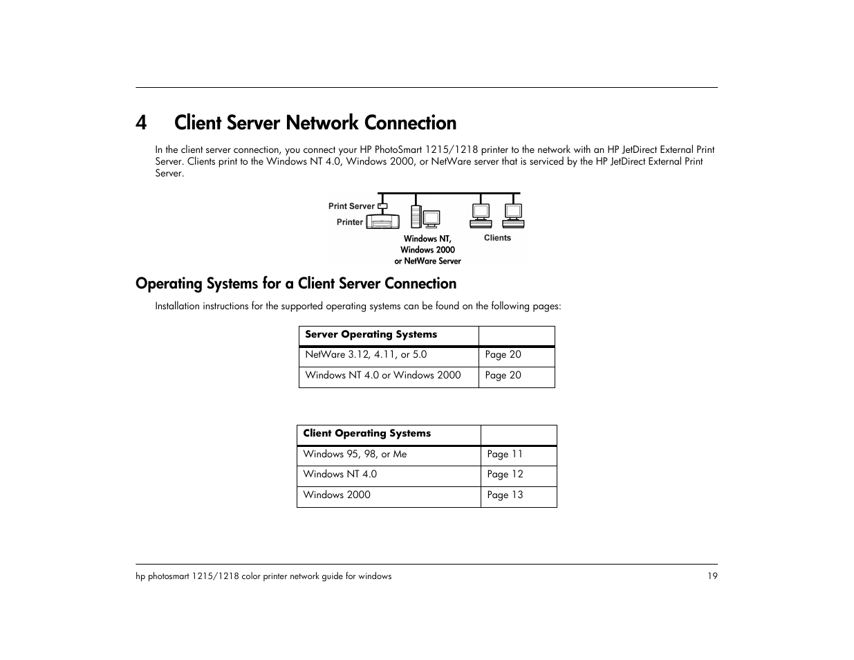 4 client server network connection, Operating systems for a client server connection, Client server network connection | 4client server network connection | HP 1218 User Manual | Page 21 / 23
