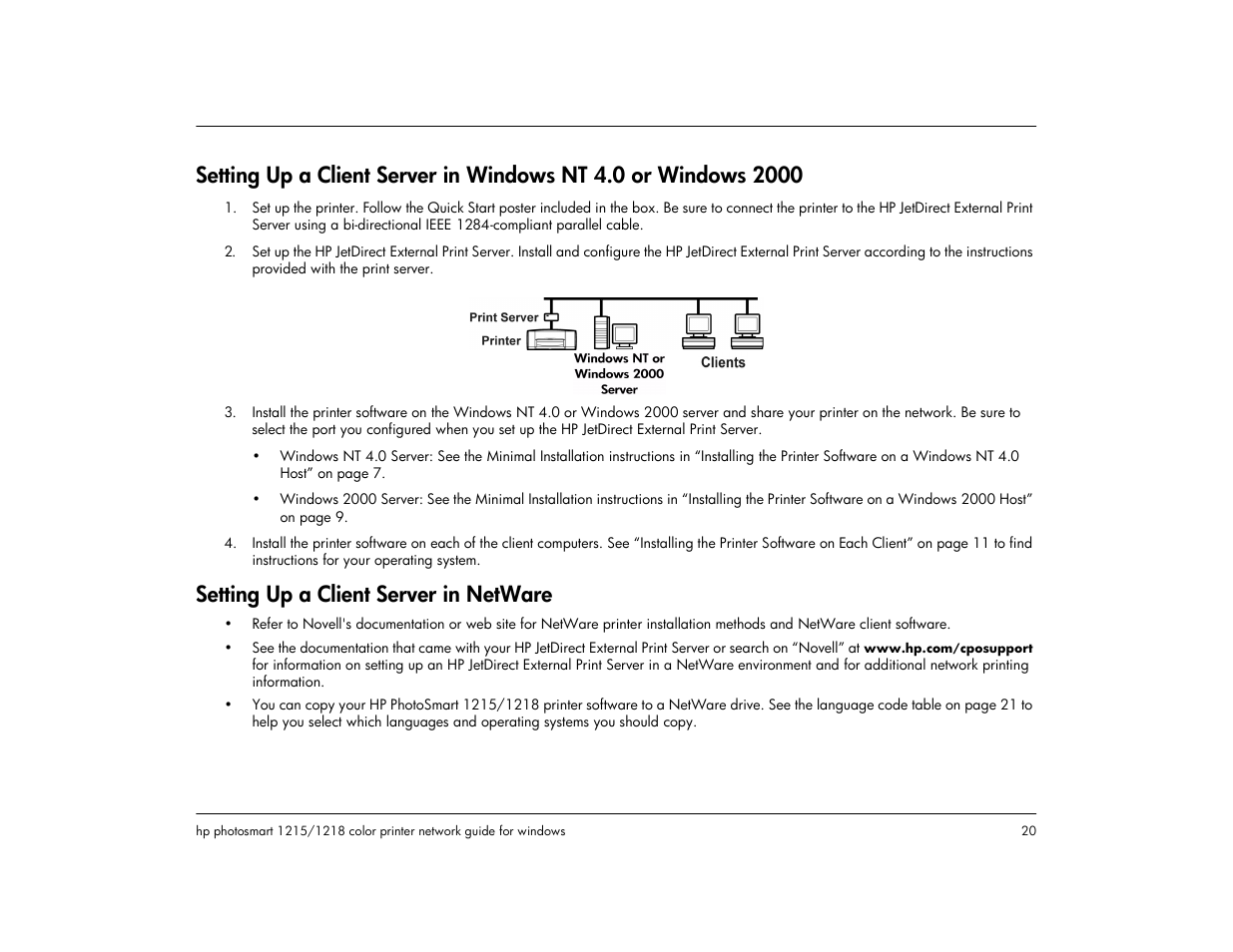 Setting up a client server in netware, E 20, Ge 20 | HP 1218 User Manual | Page 22 / 23