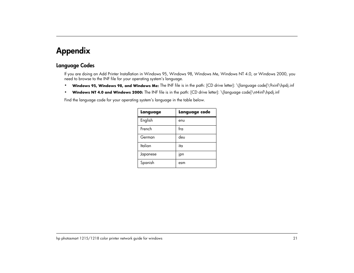 Appendix, E 21 to, Language codes | HP 1218 User Manual | Page 23 / 23