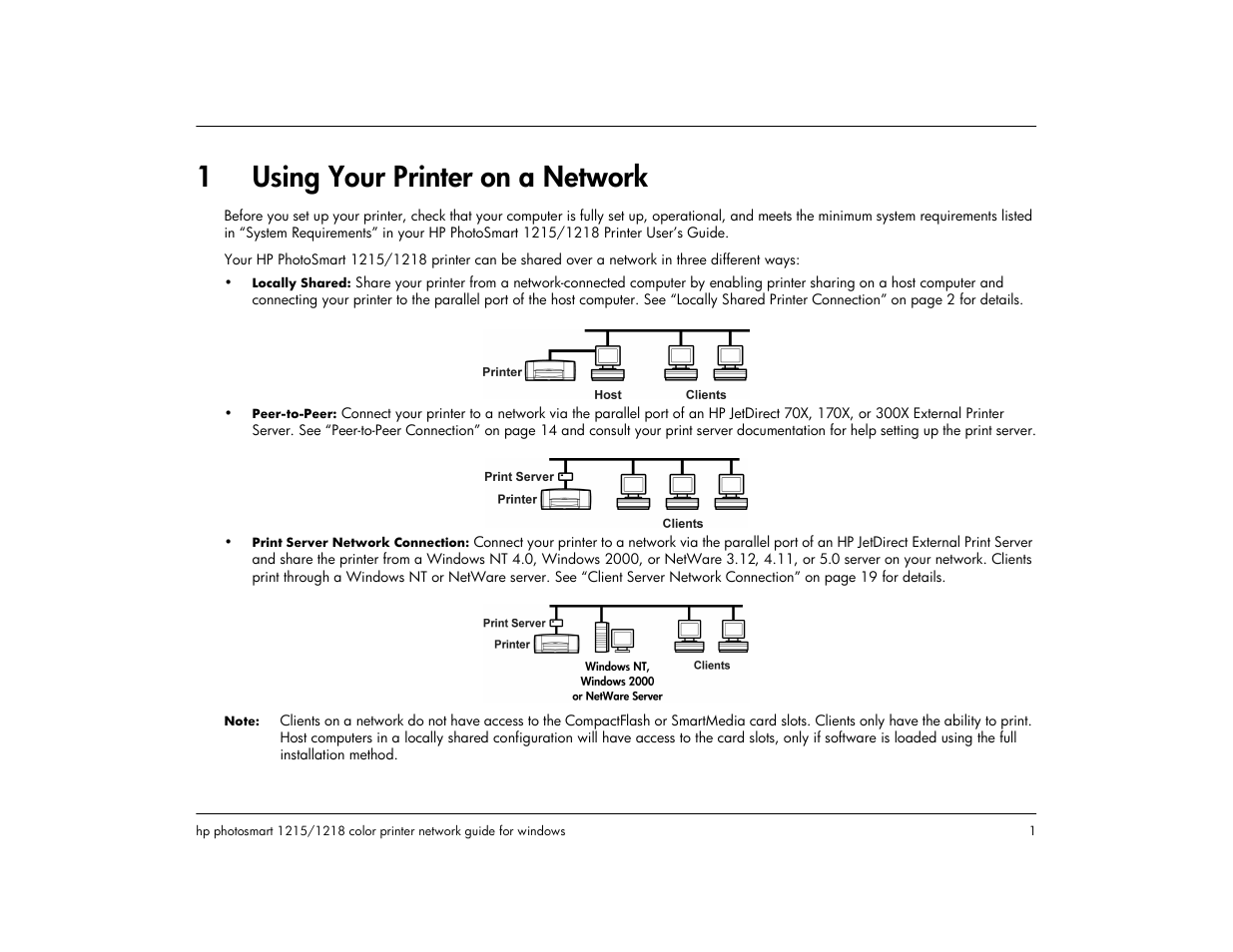 1 using your printer on a network, Using your printer on a network, 1using your printer on a network | HP 1218 User Manual | Page 3 / 23