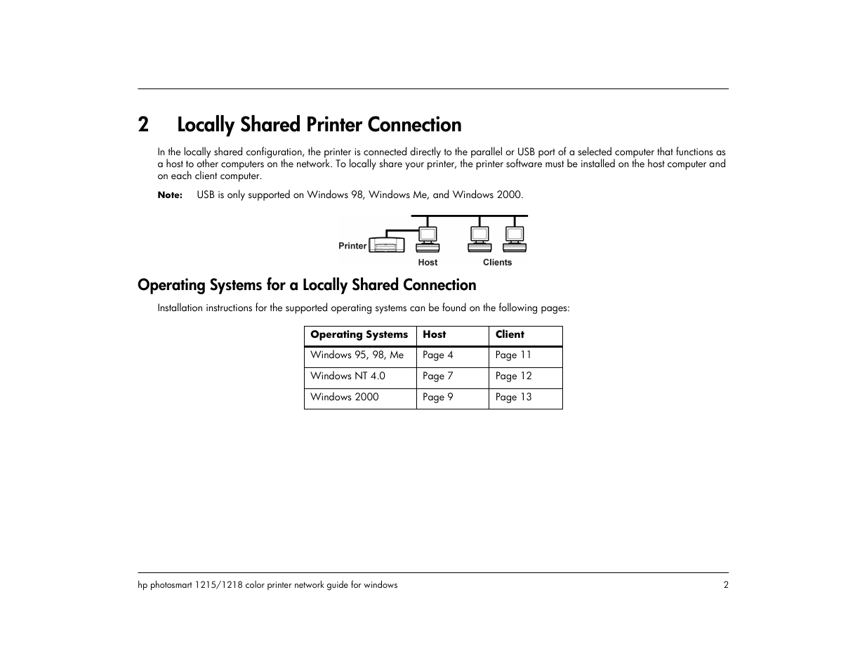 2 locally shared printer connection, Operating systems for a locally shared connection, Locally shared printer connection | 2locally shared printer connection | HP 1218 User Manual | Page 4 / 23