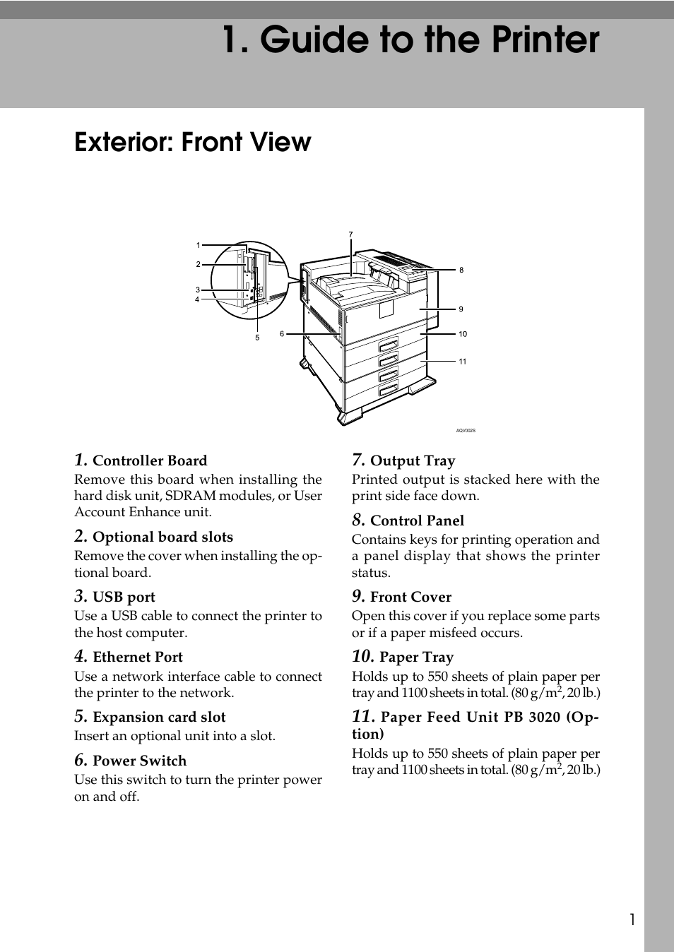 guide to the printer, Exterior: front view, Guide to the printer | HP AFICIO SP 8100DN User Manual | Page 12 / 157