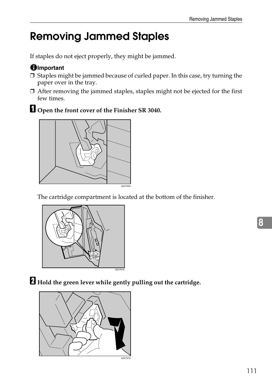 Removing jammed staples, 8removing jammed staples | HP AFICIO SP 8100DN User Manual | Page 122 / 157