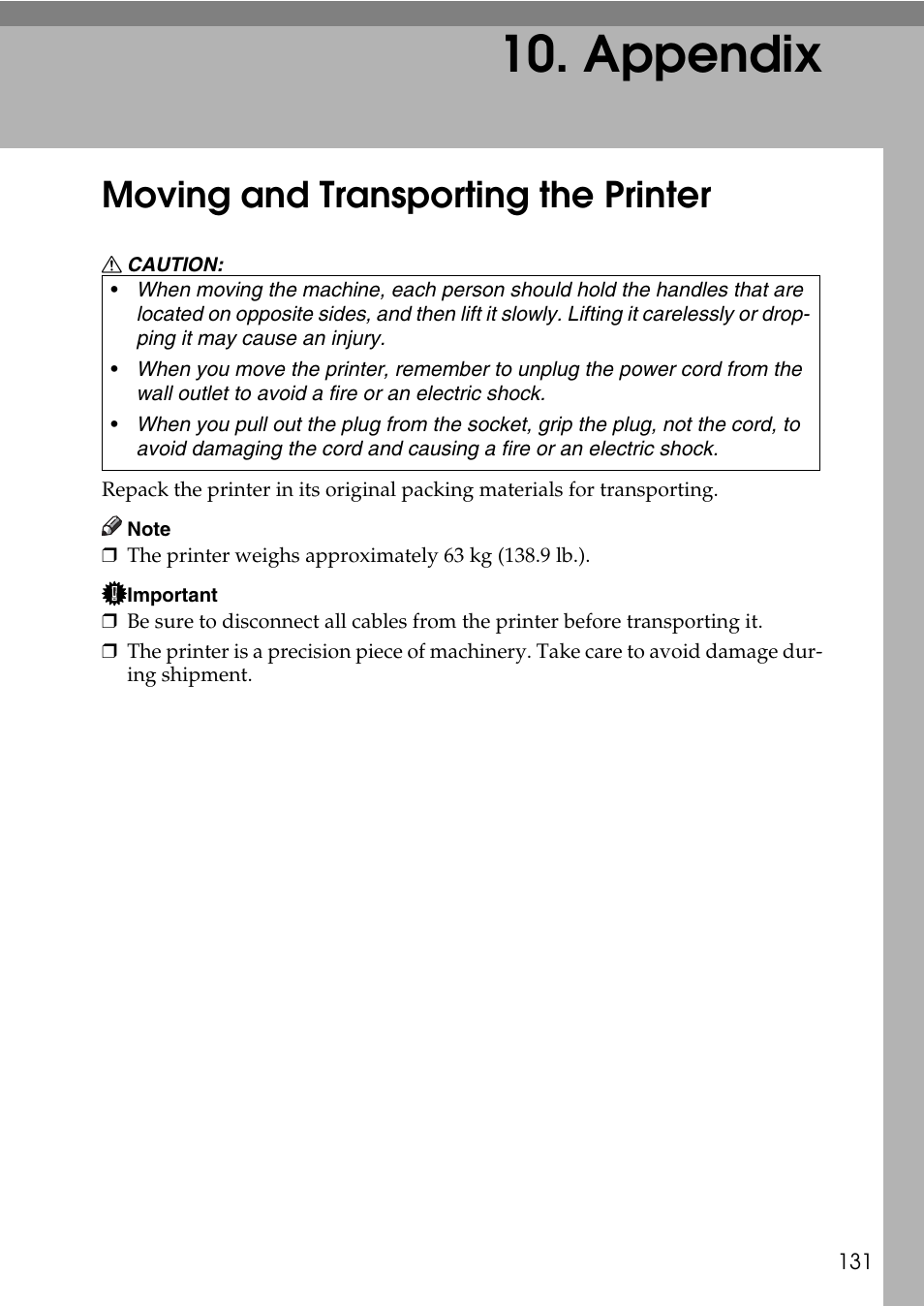  appendix, Moving and transporting the printer, Appendix | HP AFICIO SP 8100DN User Manual | Page 142 / 157