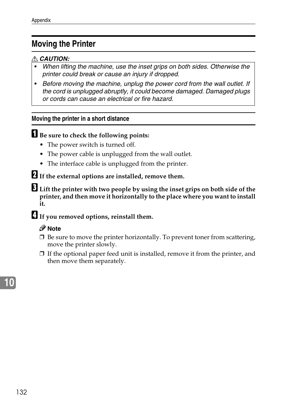 Moving the printer, Moving the printer in a short distance | HP AFICIO SP 8100DN User Manual | Page 143 / 157