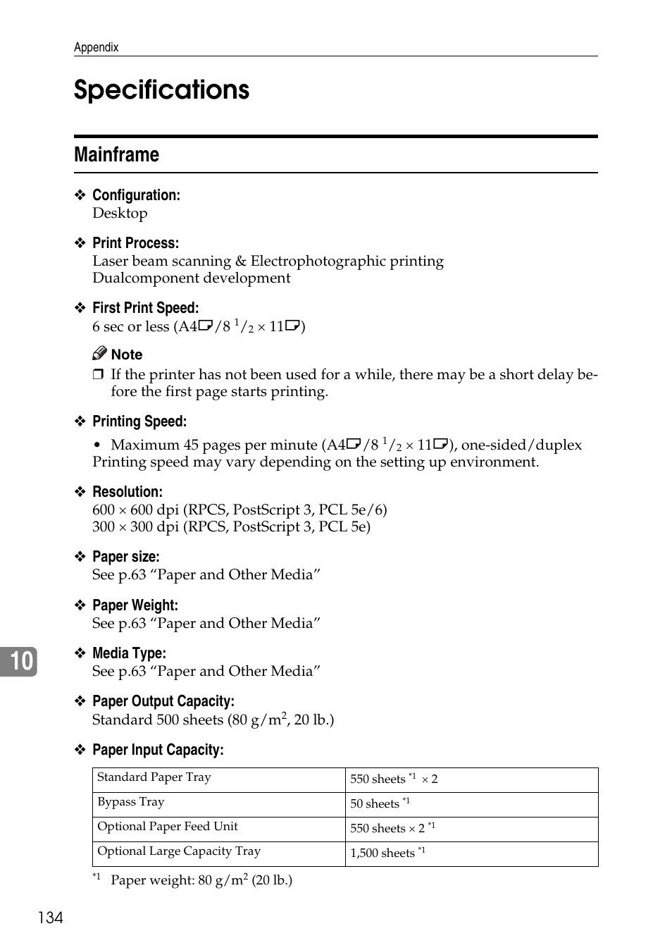 Specifications, Mainframe, E p.134 “specifications | Each option, see p.134 “specifications, 10 specifications | HP AFICIO SP 8100DN User Manual | Page 145 / 157