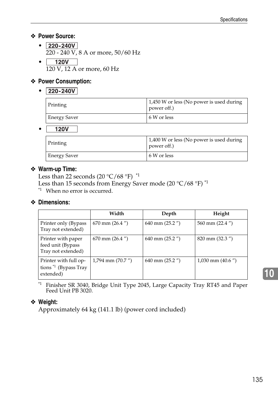 Power source, Power consumption, Warm-up time | Dimensions, Weight | HP AFICIO SP 8100DN User Manual | Page 146 / 157