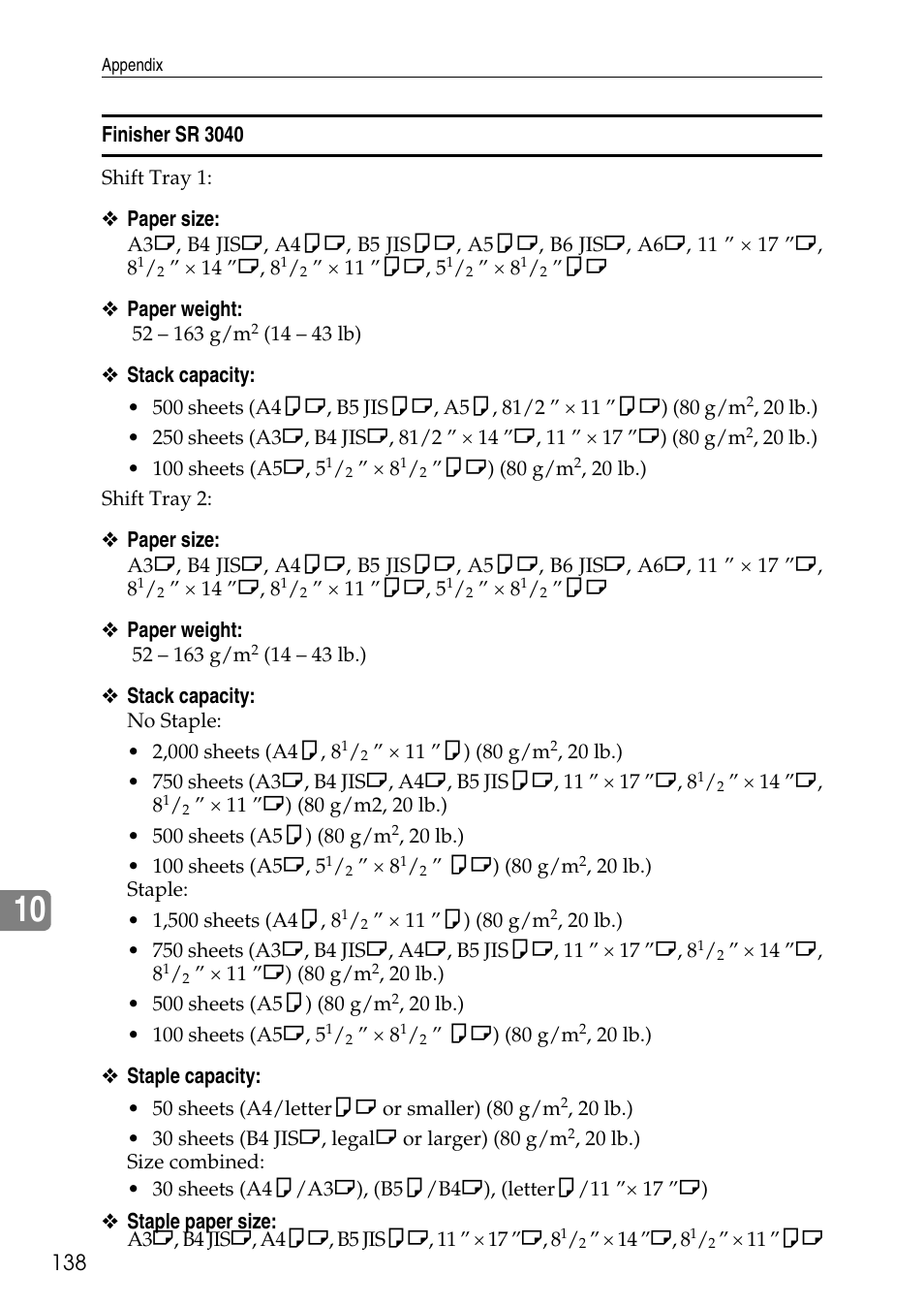 Finisher sr 3040, Paper size, Paper weight | Stack capacity, Staple capacity, Staple paper size | HP AFICIO SP 8100DN User Manual | Page 149 / 157