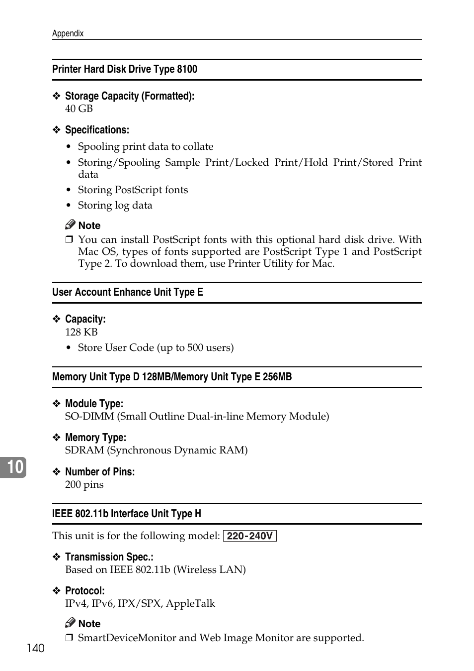 Printer hard disk drive type 8100, User account enhance unit type e, Memory unit type d 128mb/memory unit type e 256mb | Ieee 802.11b interface unit type h | HP AFICIO SP 8100DN User Manual | Page 151 / 157