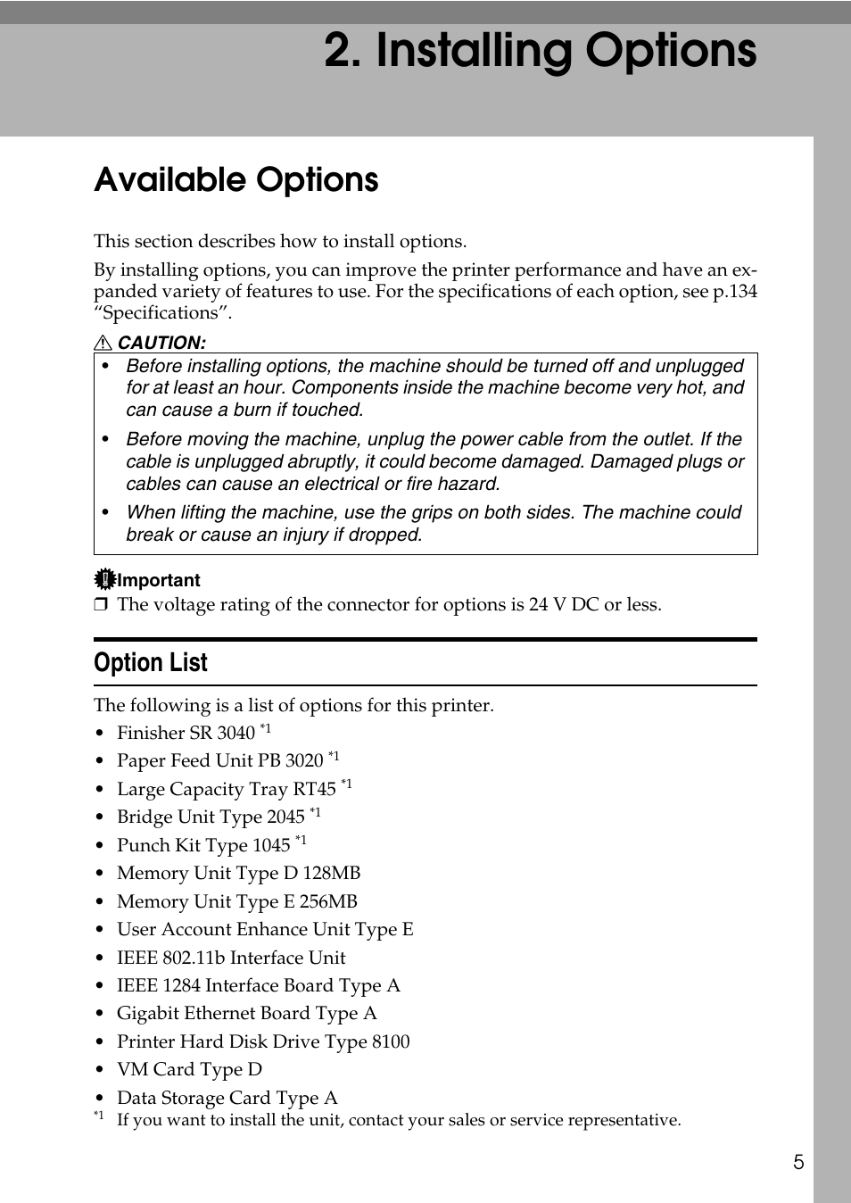  installing options, Available options, Option list | Installing options | HP AFICIO SP 8100DN User Manual | Page 16 / 157