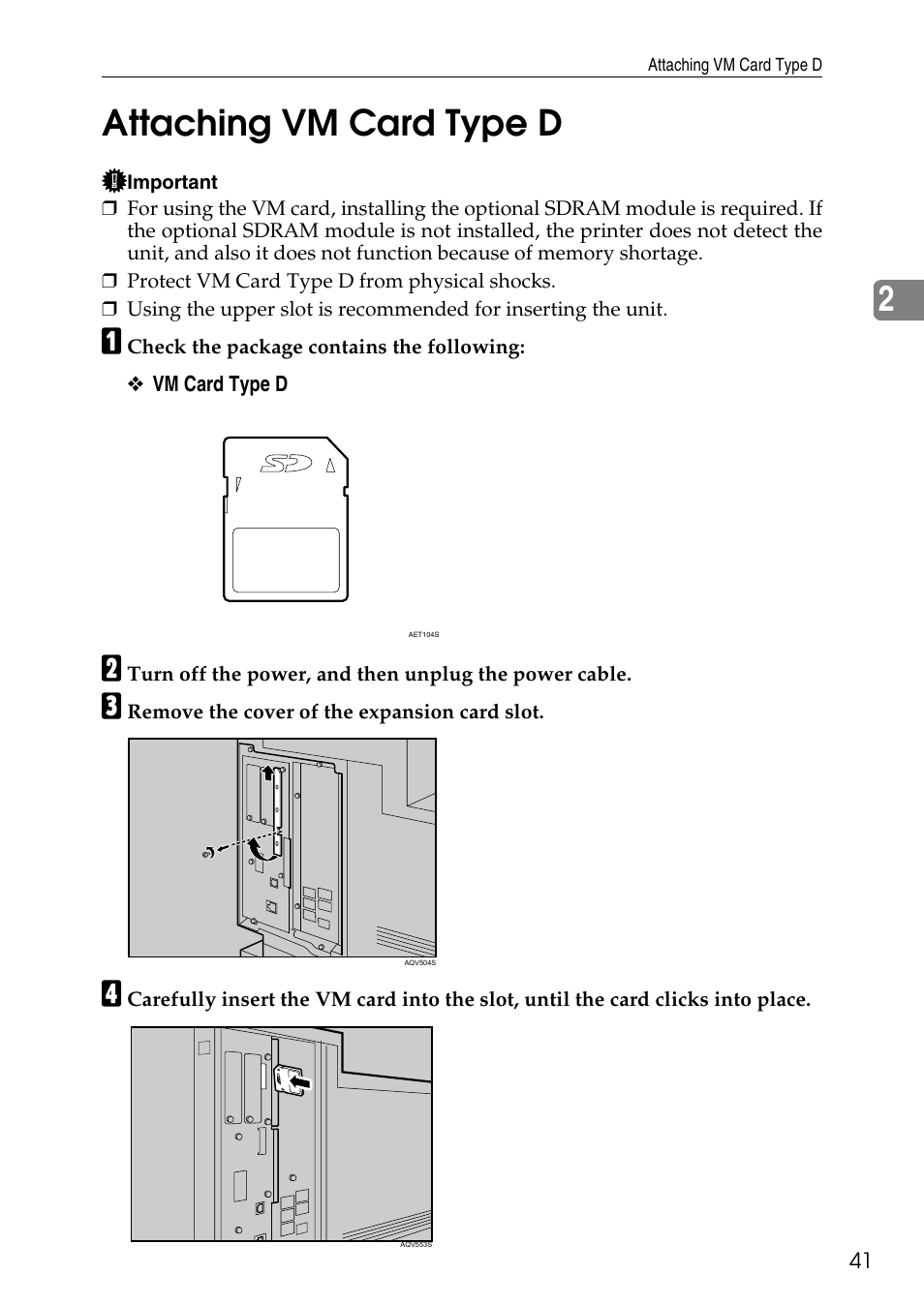 Attaching vm card type d, See p.41 “attaching vm card type d, 2attaching vm card type d | HP AFICIO SP 8100DN User Manual | Page 52 / 157