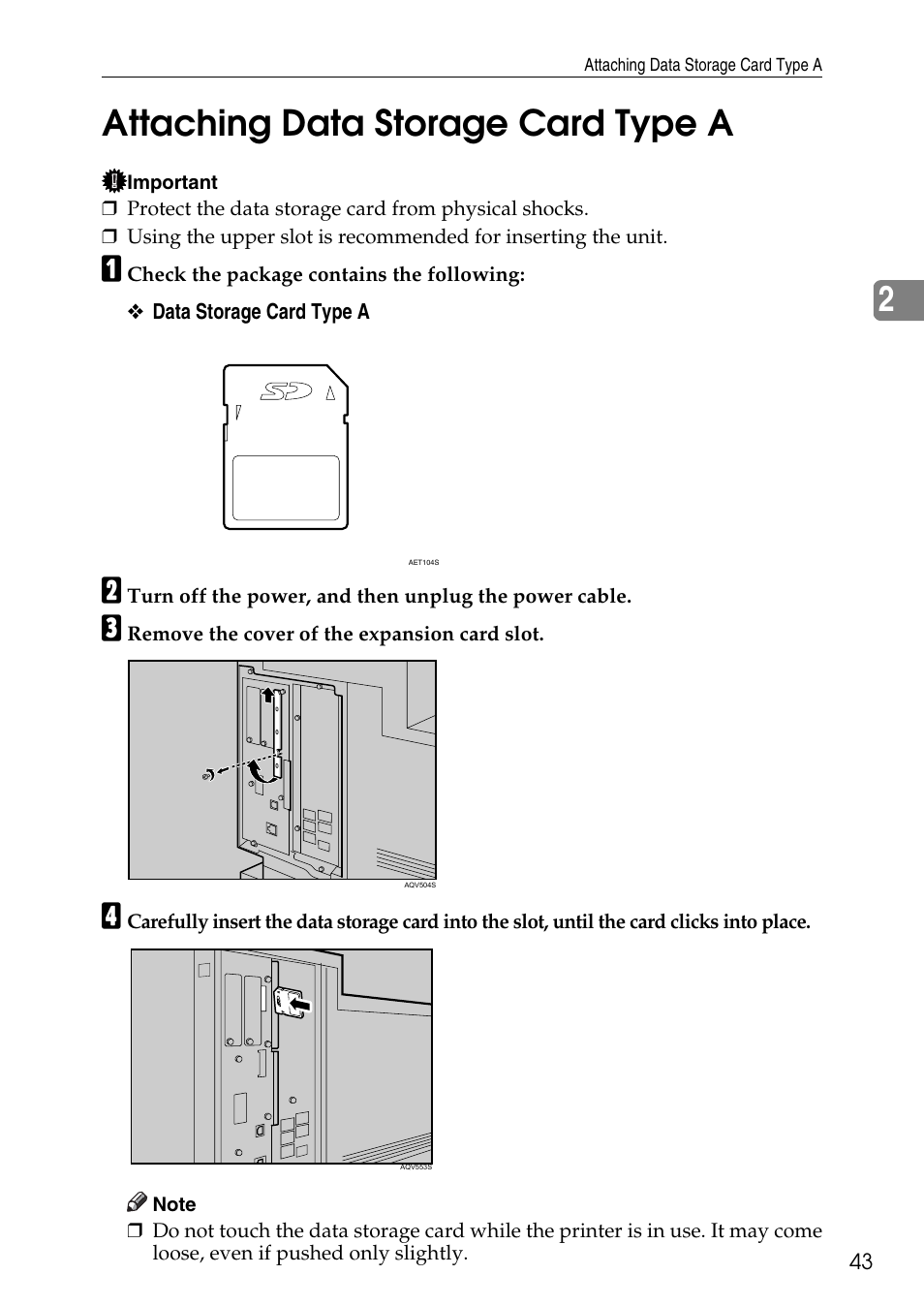 Attaching data storage card type a, P.43 “attaching data storage card type a, 2attaching data storage card type a | HP AFICIO SP 8100DN User Manual | Page 54 / 157