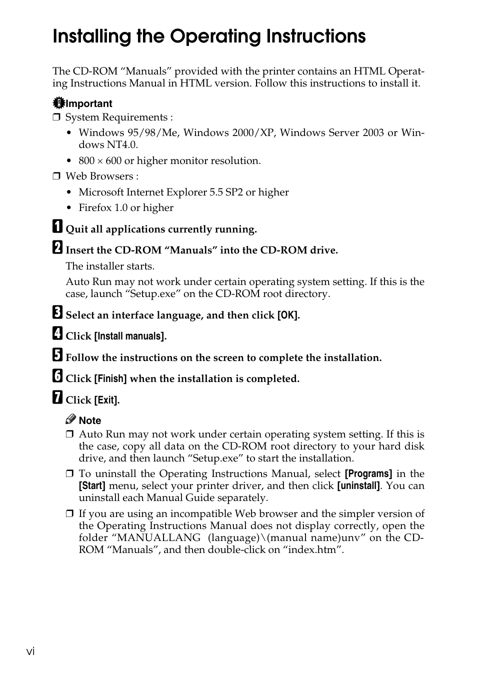 Installing the operating instructions | HP AFICIO SP 8100DN User Manual | Page 7 / 157