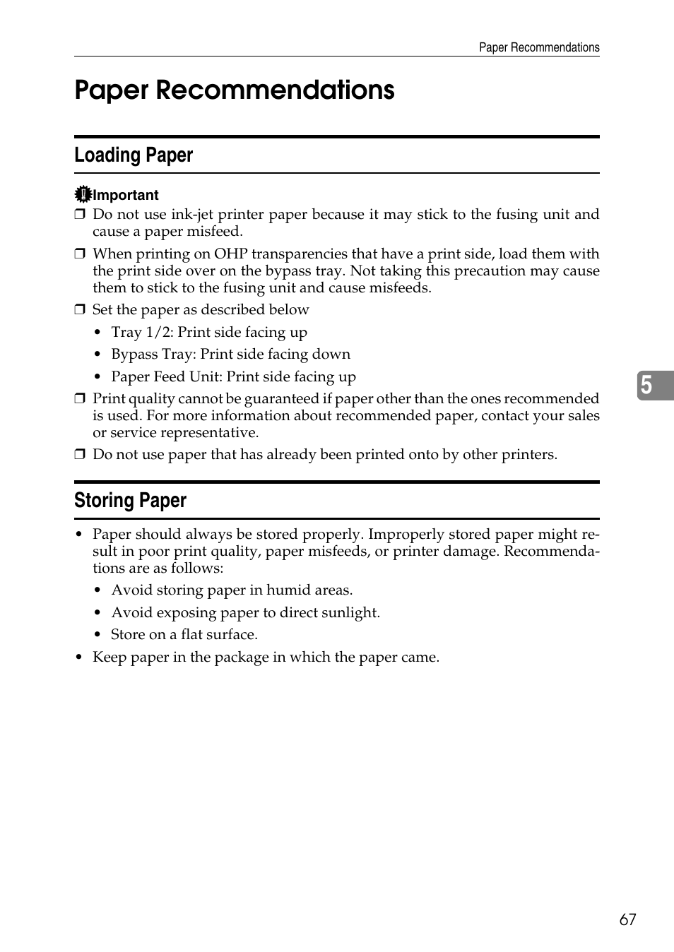 Paper recommendations, Loading paper, Storing paper | Loading paper storing paper, 5paper recommendations | HP AFICIO SP 8100DN User Manual | Page 78 / 157