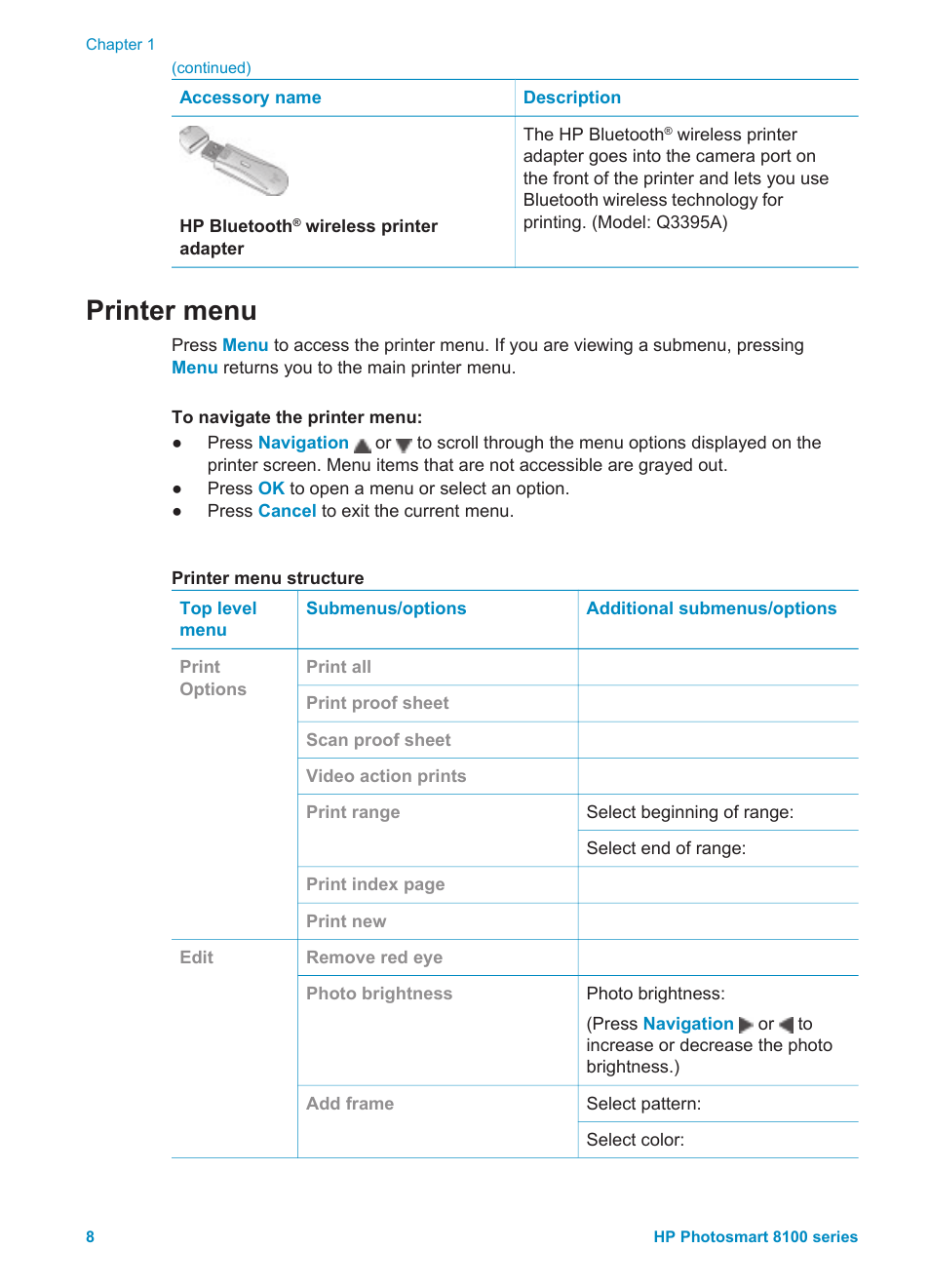 Printer menu | HP 8100 Series User Manual | Page 11 / 78