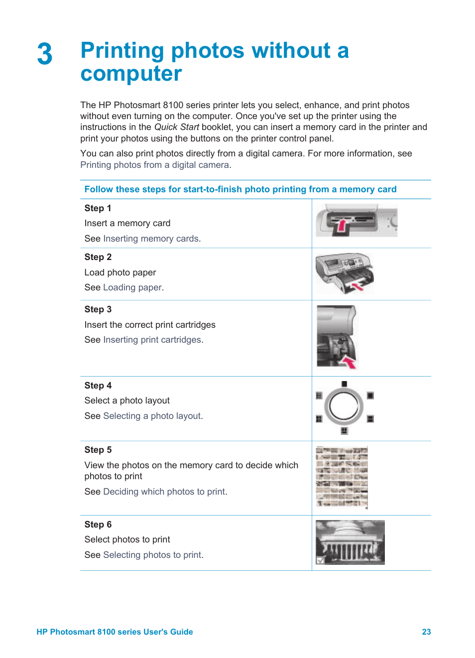 Printing photos without a computer | HP 8100 Series User Manual | Page 26 / 78