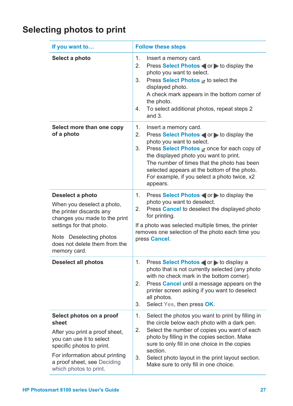 Selecting photos to print | HP 8100 Series User Manual | Page 30 / 78