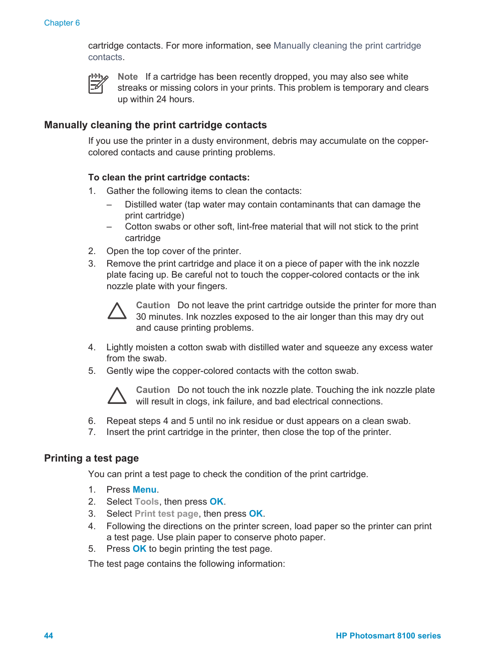 Manually cleaning the print cartridge contacts | HP 8100 Series User Manual | Page 47 / 78