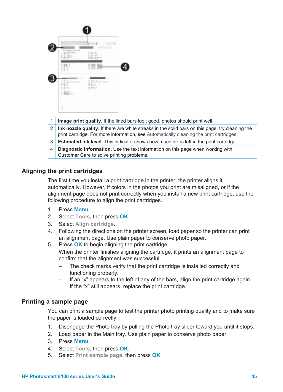 Aligning the print cartridges | HP 8100 Series User Manual | Page 48 / 78