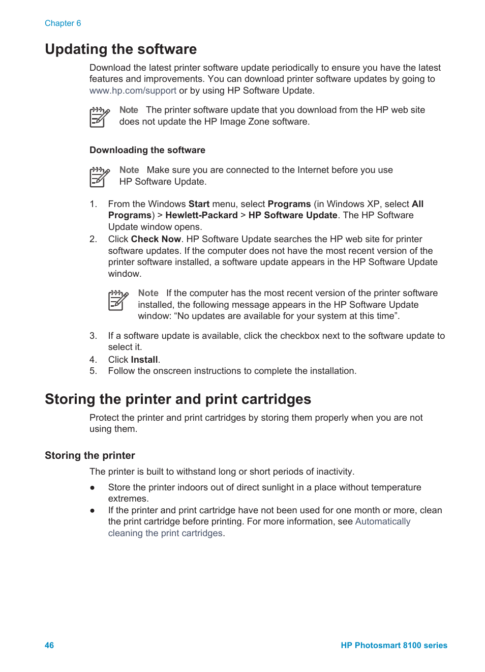 Updating the software, Storing the printer and print cartridges, Storing the printer | Storing the printer storing the print cartridges | HP 8100 Series User Manual | Page 49 / 78