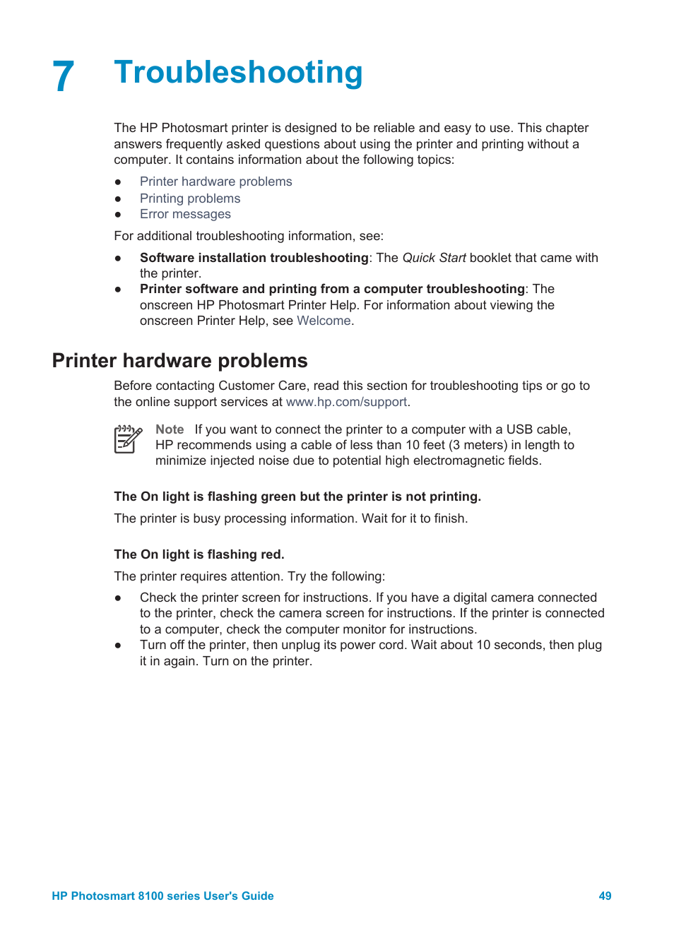 Troubleshooting, Printer hardware problems | HP 8100 Series User Manual | Page 52 / 78