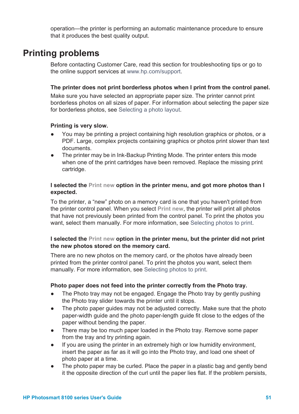 Printing problems | HP 8100 Series User Manual | Page 54 / 78