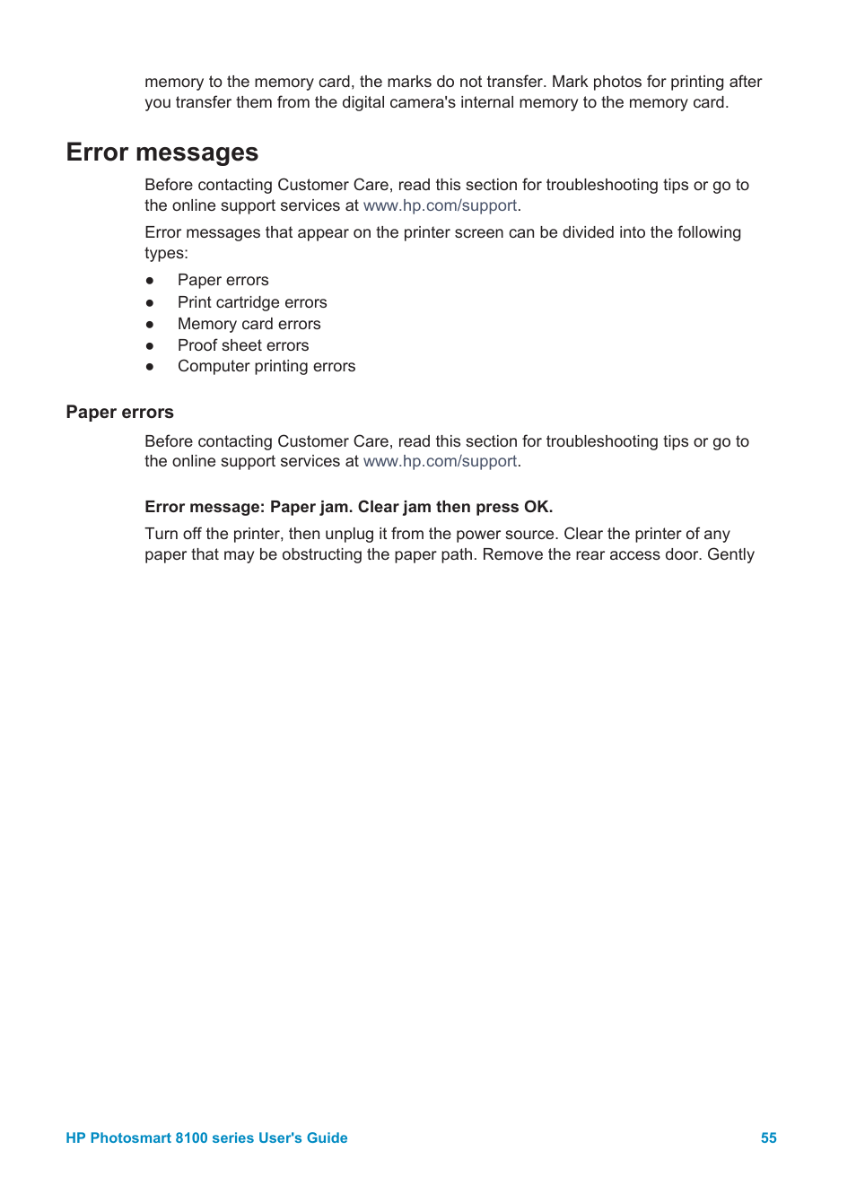 Error messages, Paper errors | HP 8100 Series User Manual | Page 58 / 78