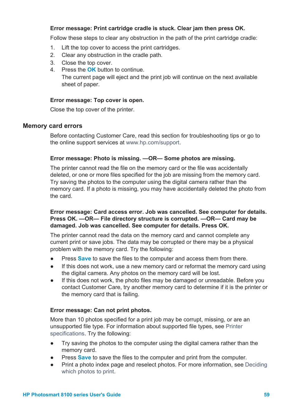 Memory card errors | HP 8100 Series User Manual | Page 62 / 78