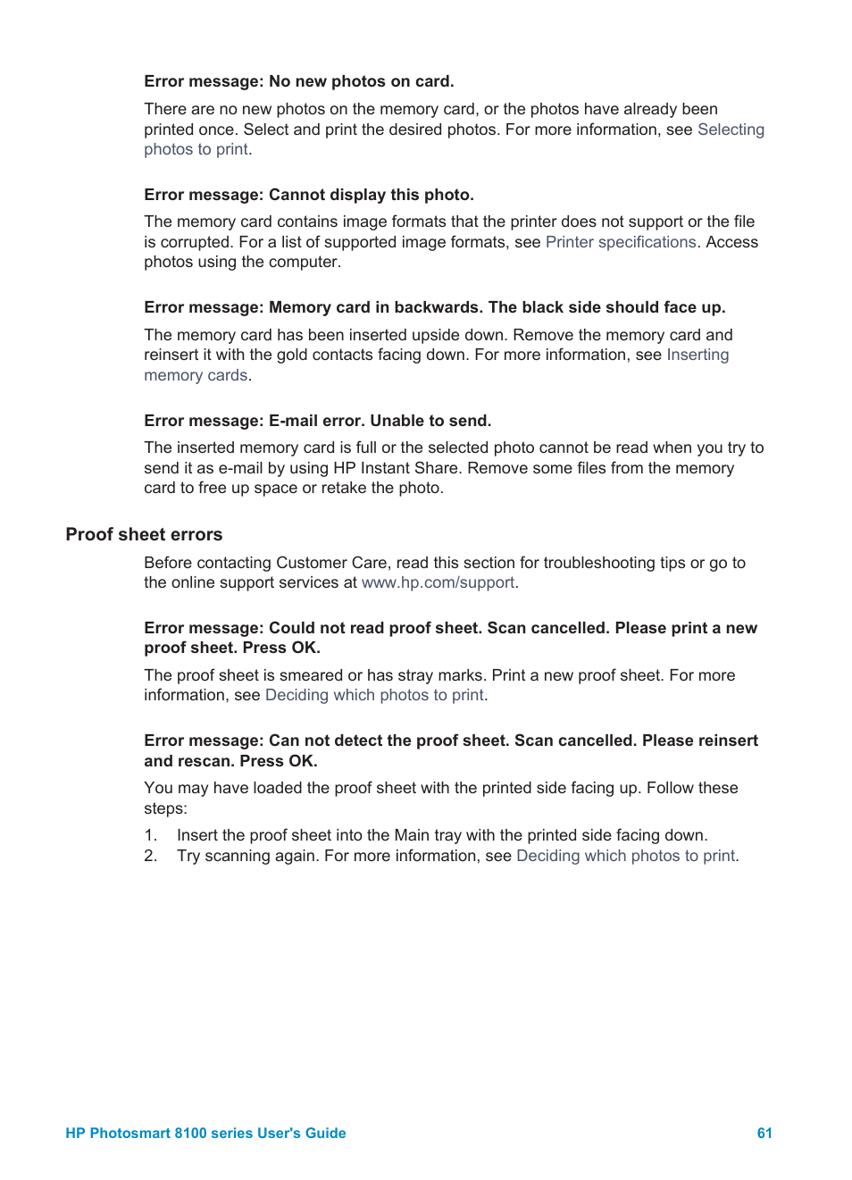 Proof sheet errors | HP 8100 Series User Manual | Page 64 / 78