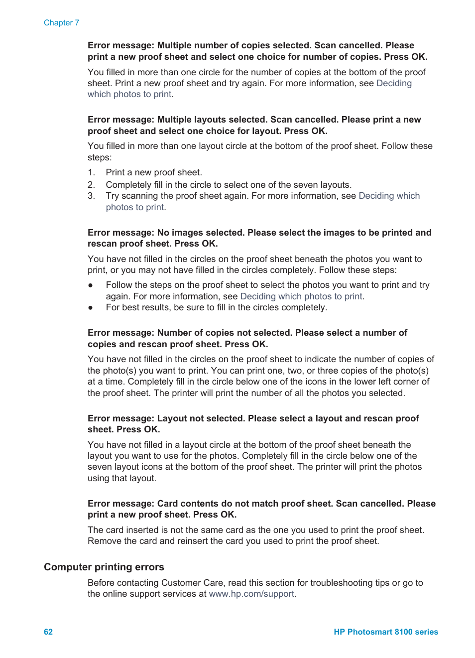 Computer printing errors | HP 8100 Series User Manual | Page 65 / 78