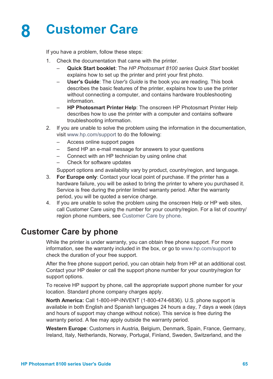 Customer care, Customer care by phone, Placing a call | HP 8100 Series User Manual | Page 68 / 78