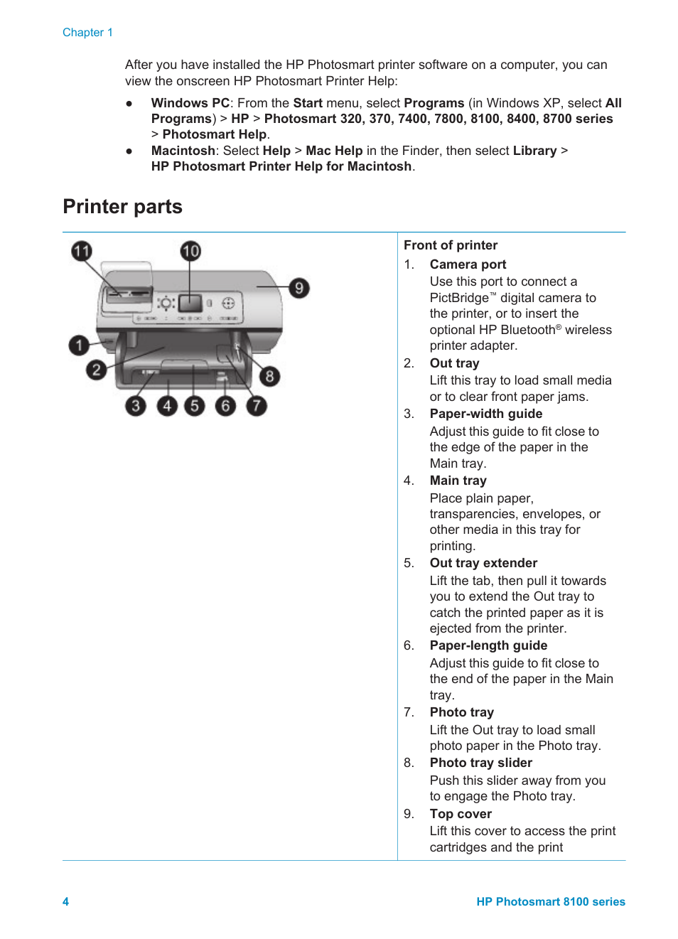 Printer parts | HP 8100 Series User Manual | Page 7 / 78