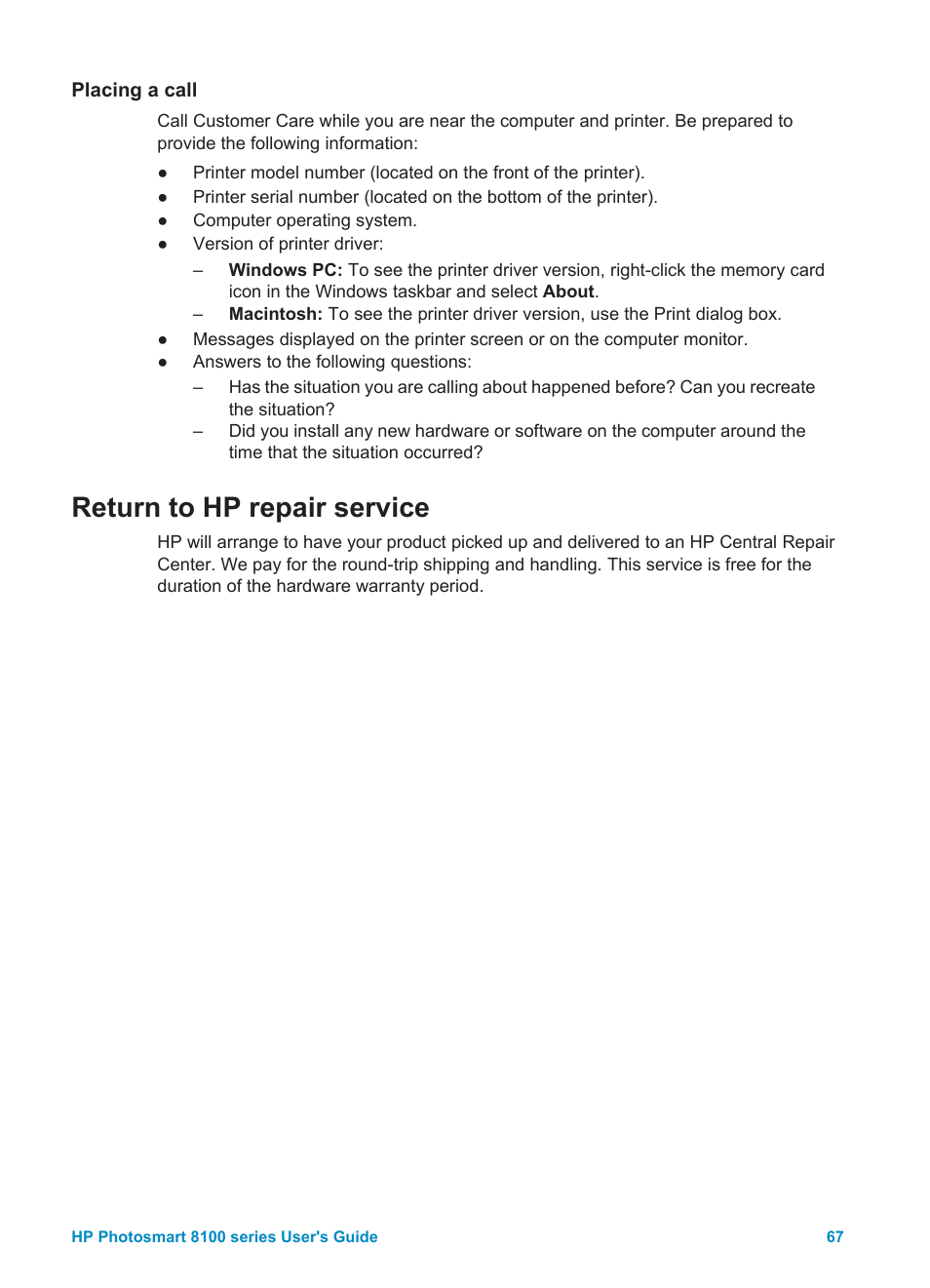 Placing a call, Return to hp repair service | HP 8100 Series User Manual | Page 70 / 78