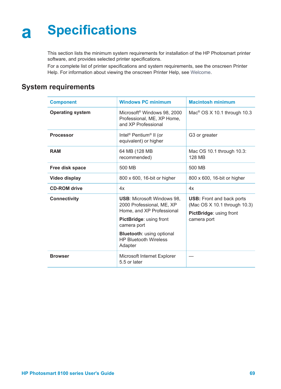 Specifications, System requirements | HP 8100 Series User Manual | Page 72 / 78