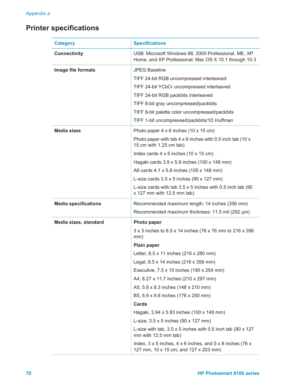 Printer specifications, Sizes, see, Printer | Specifications, Access | HP 8100 Series User Manual | Page 73 / 78