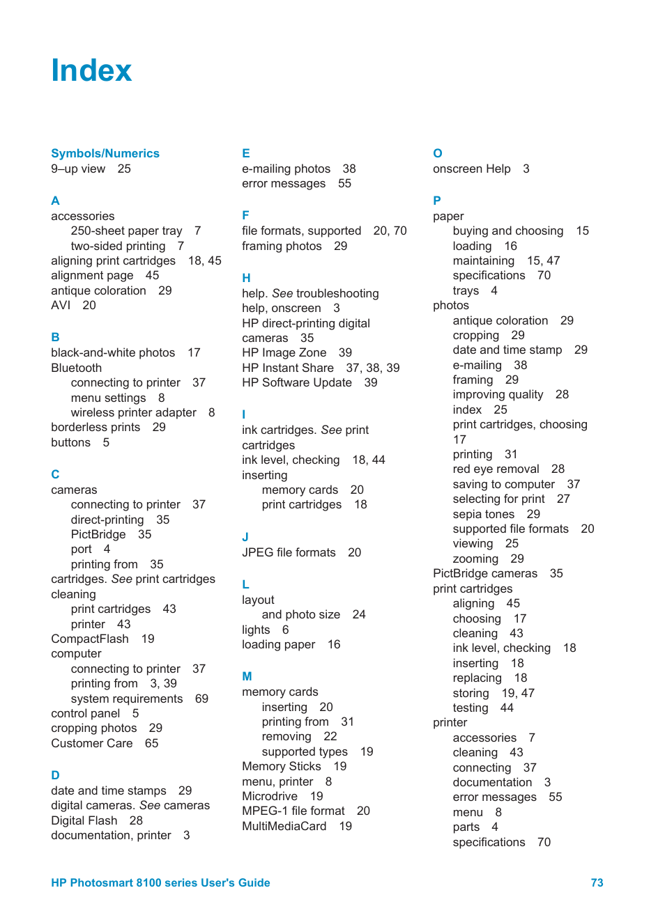 Index | HP 8100 Series User Manual | Page 76 / 78