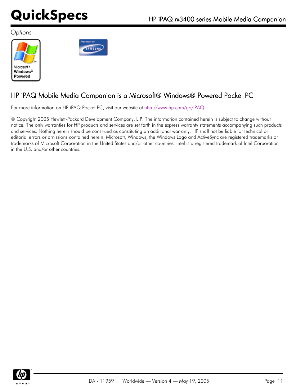 Quickspecs | HP IPAQ Mobile Media Companion rx3400 User Manual | Page 11 / 11