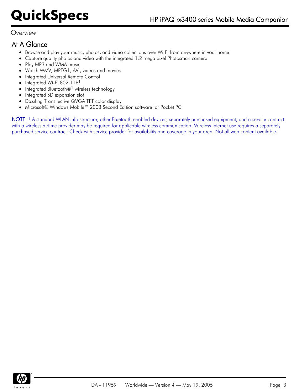Quickspecs | HP IPAQ Mobile Media Companion rx3400 User Manual | Page 3 / 11
