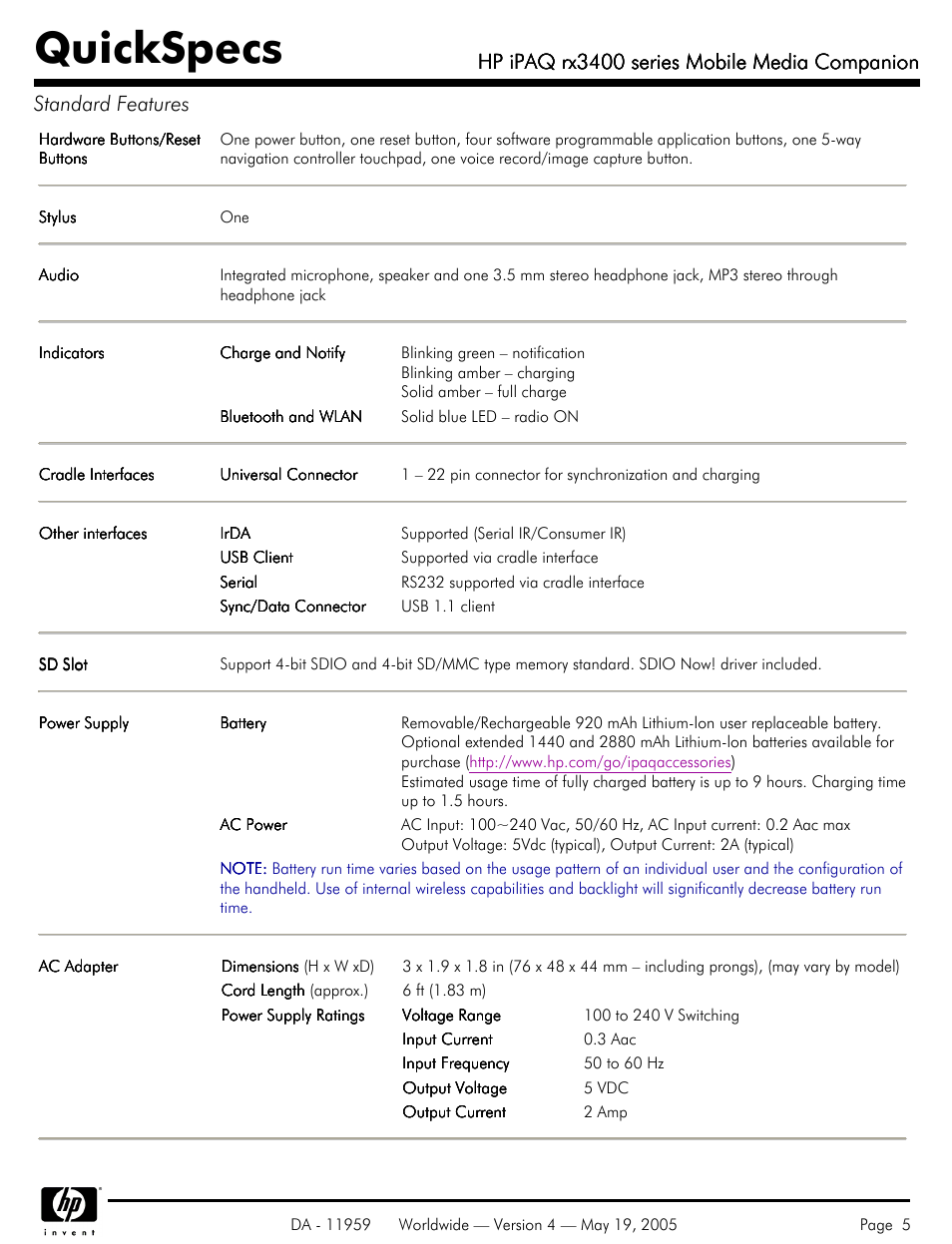 Quickspecs, Hp ipaq rx3400 series mobile media companion | HP IPAQ Mobile Media Companion rx3400 User Manual | Page 5 / 11