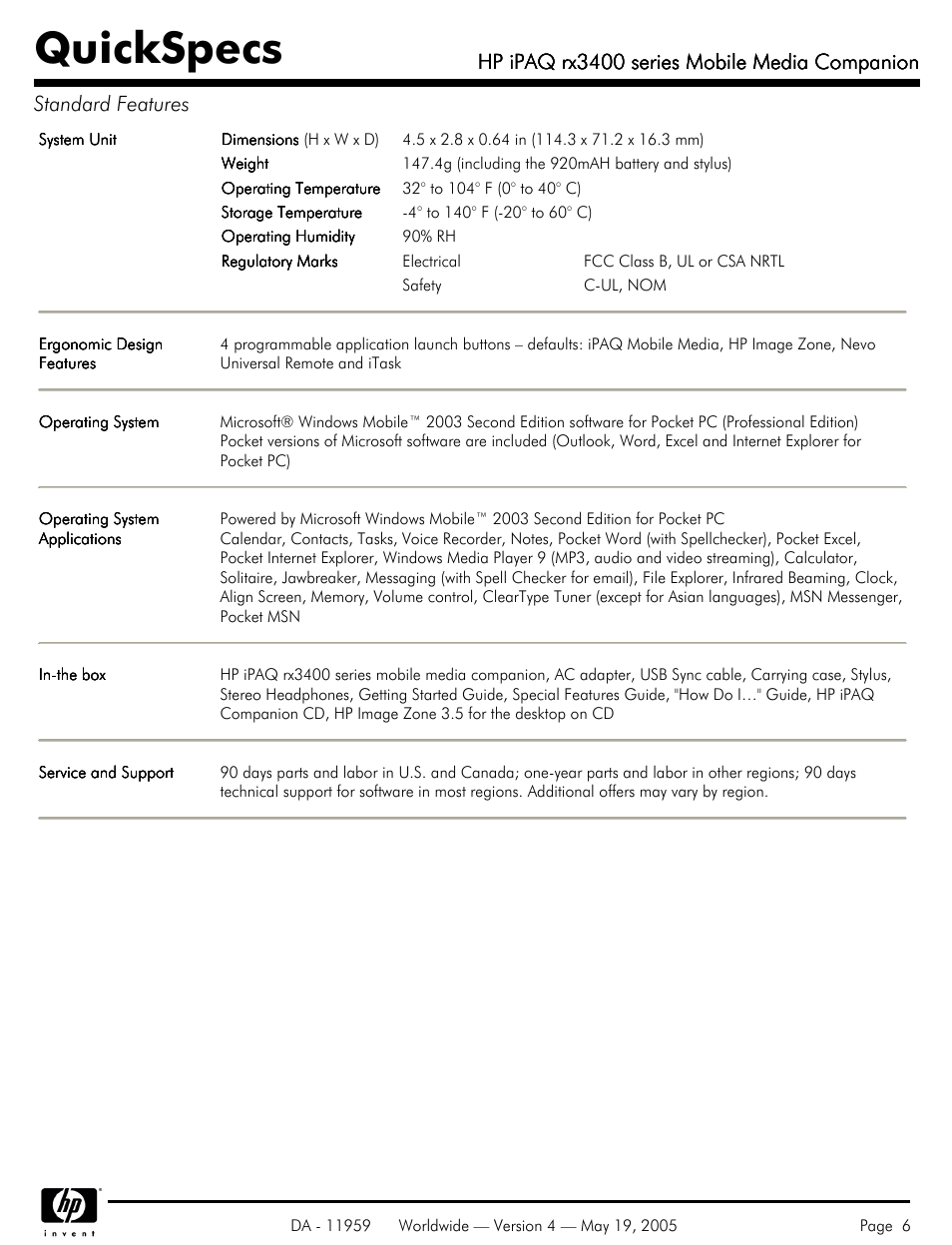 Quickspecs, Hp ipaq rx3400 series mobile media companion | HP IPAQ Mobile Media Companion rx3400 User Manual | Page 6 / 11
