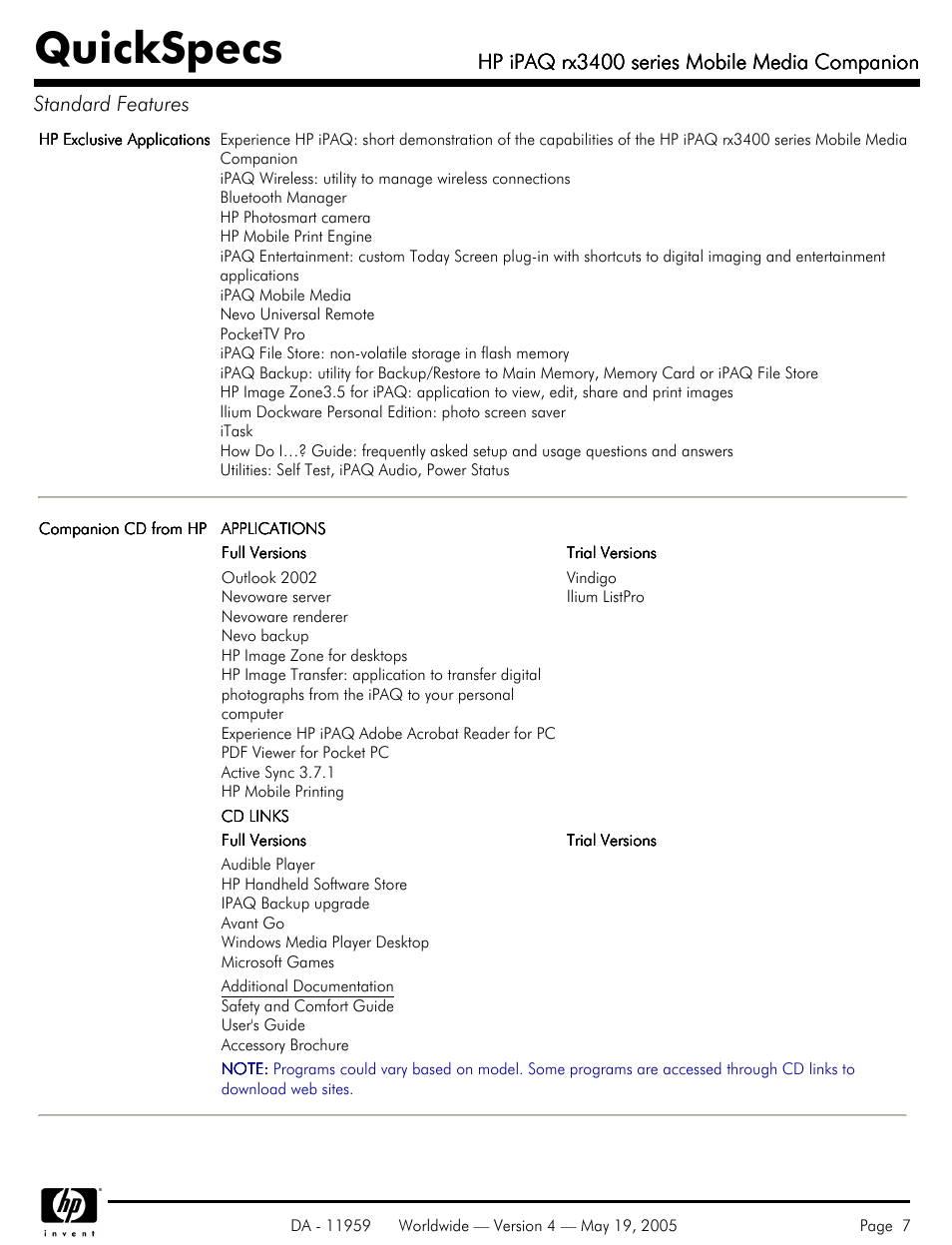 Quickspecs, Hp ipaq rx3400 series mobile media companion | HP IPAQ Mobile Media Companion rx3400 User Manual | Page 7 / 11
