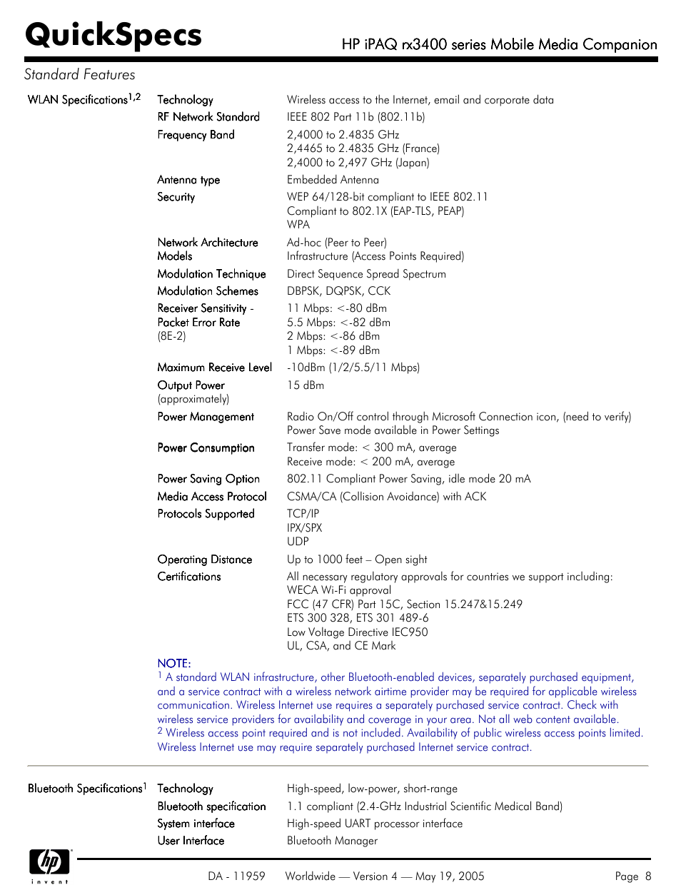Quickspecs, Hp ipaq rx3400 series mobile media companion | HP IPAQ Mobile Media Companion rx3400 User Manual | Page 8 / 11
