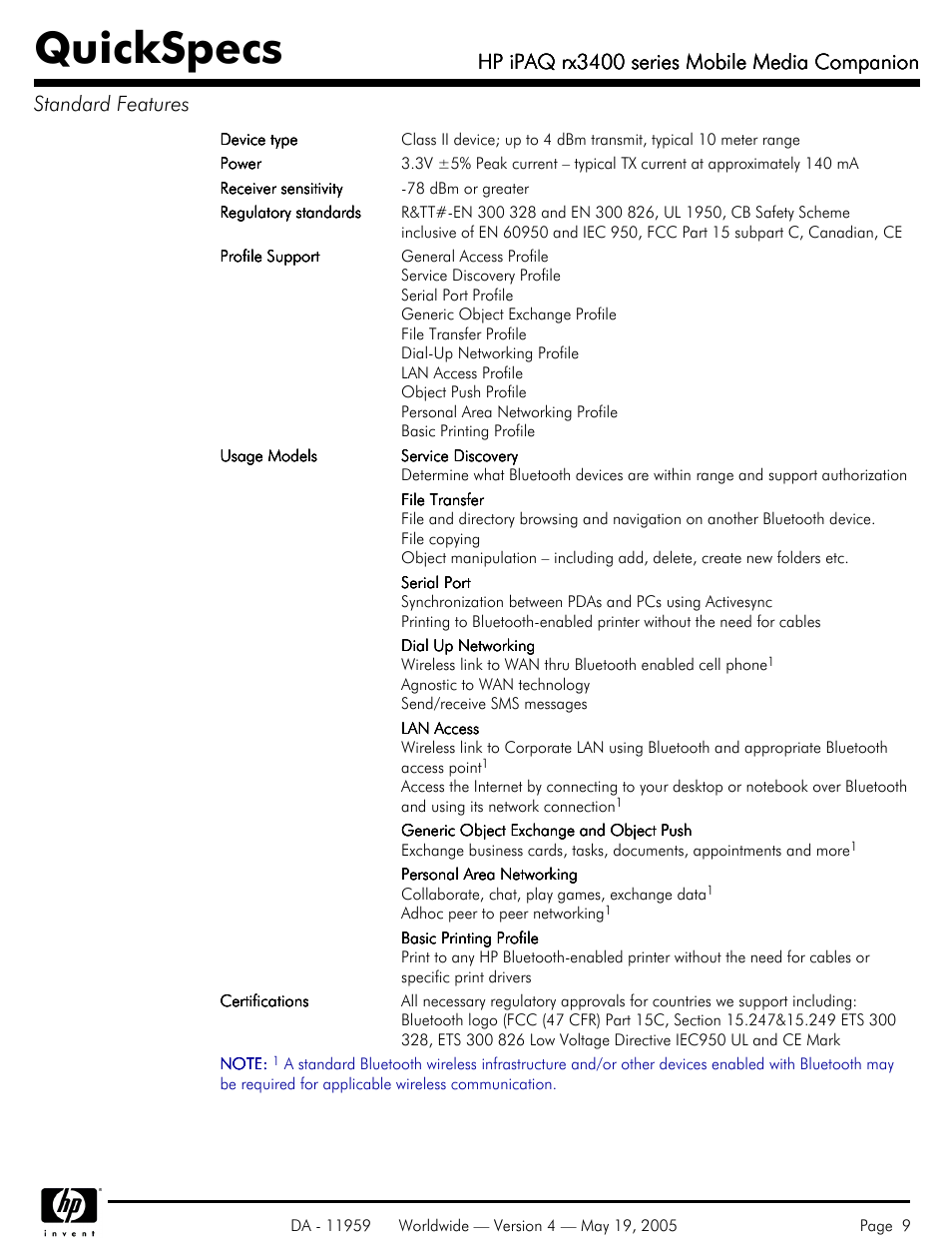 Quickspecs, Hp ipaq rx3400 series mobile media companion | HP IPAQ Mobile Media Companion rx3400 User Manual | Page 9 / 11