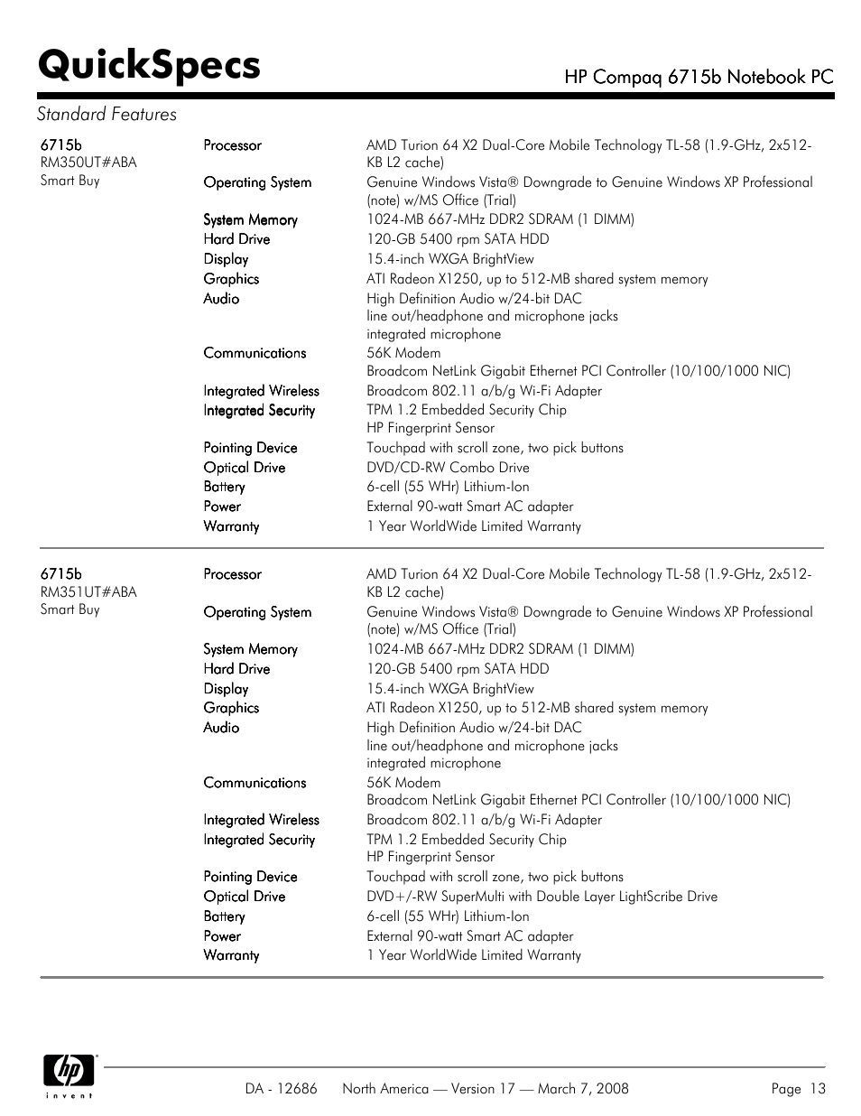 Quickspecs | HP 6715B User Manual | Page 13 / 42