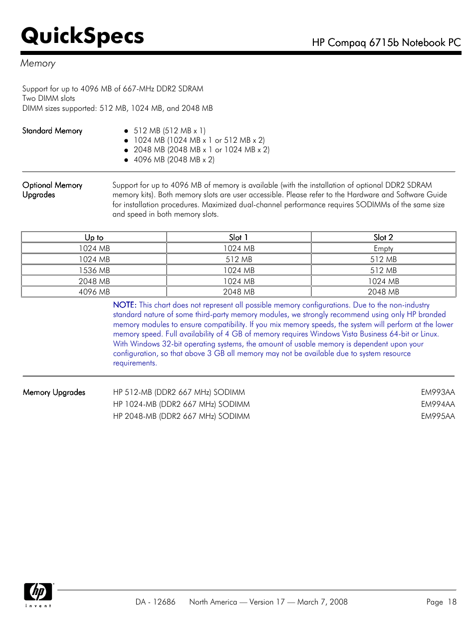 Memory, Quickspecs | HP 6715B User Manual | Page 18 / 42